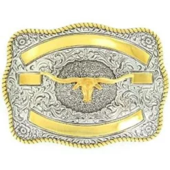 M&F - Rectangle Engravable Ribbon Longhorn Head Buckle - Silver Gold