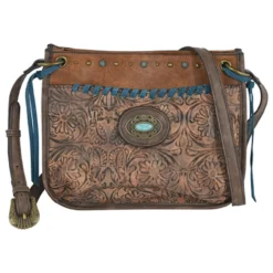 Trenditions Justin Crossbody Brown Bag W/Tooled Pattern Accents