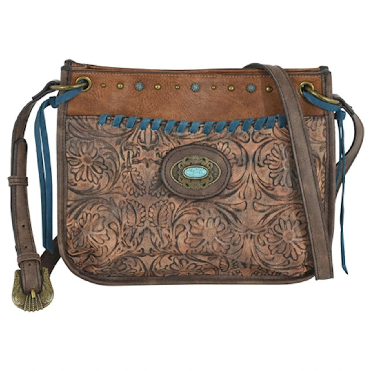 Trenditions Justin Crossbody Brown Bag W/Tooled Pattern Accents 1 Trenditions Justin Crossbody Brown Bag W/Tooled Pattern Accents
