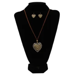 Silver Strike Brown Suede Strand And Heart Inlayed In A Heart Pendant Necklace And Earring Set