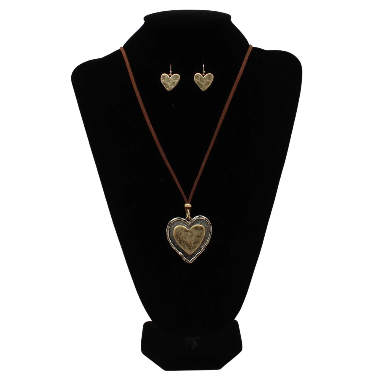 Silver Strike Brown Suede Strand And Heart Inlayed In A Heart Pendant Necklace And Earring Set 1 Silver Strike Brown Suede Strand And Heart Inlayed In A Heart Pendant Necklace And Earring Set
