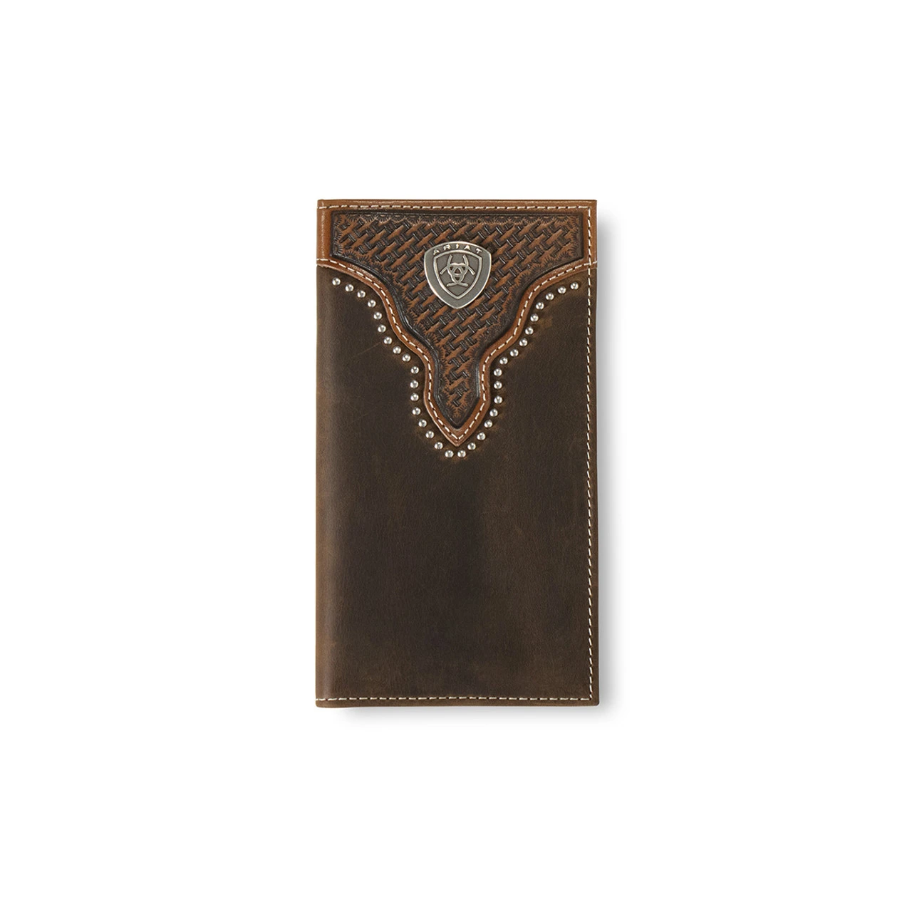 Ariat Brown Rodeo Wallet With Metal Stud Trim And Basket Weave Sunburst Embossing 1 Ariat Brown Rodeo Wallet With Metal Stud Trim And Basket Weave Sunburst Embossing