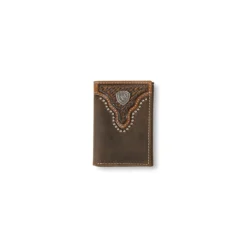 Ariat Brown Trifold Wallet With Metal Stud Trim And Basket Weave Sunburst Embossing
