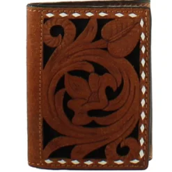3D Mens Brown Trifold Wallet With Floral Filagree