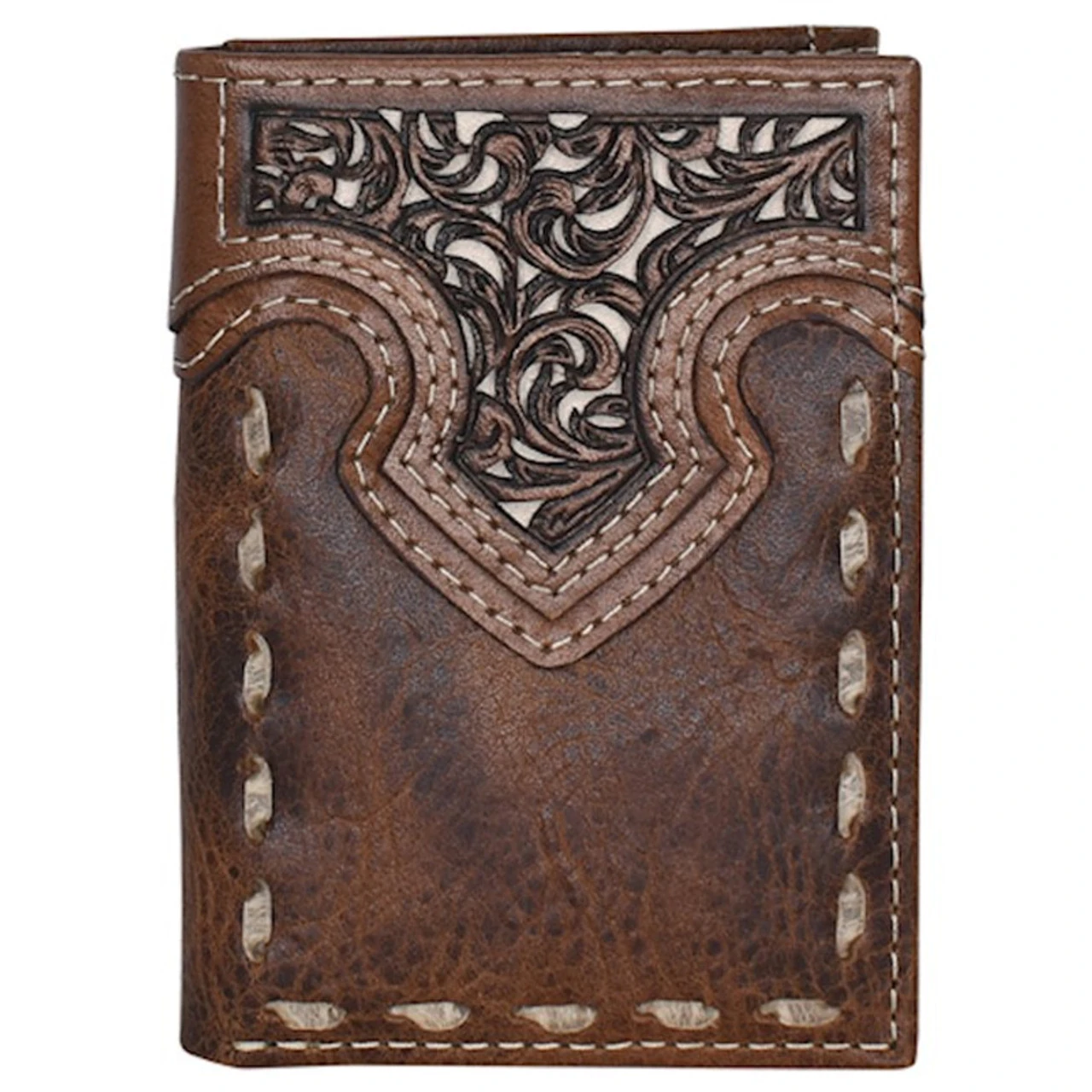 Justin Mens Trifold Wallet W/Tooled Yoke And Buck Stitch 1 Justin Mens Trifold Wallet W/Tooled Yoke And Buck Stitch