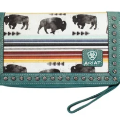 Ariat Women's Buffalo And Multi Colored Stripes Clutch With Turquoise Leather Trim And Wristlet