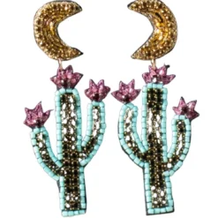 Silver Strike Ladies Green Beaded Moon And Cactus Earrings