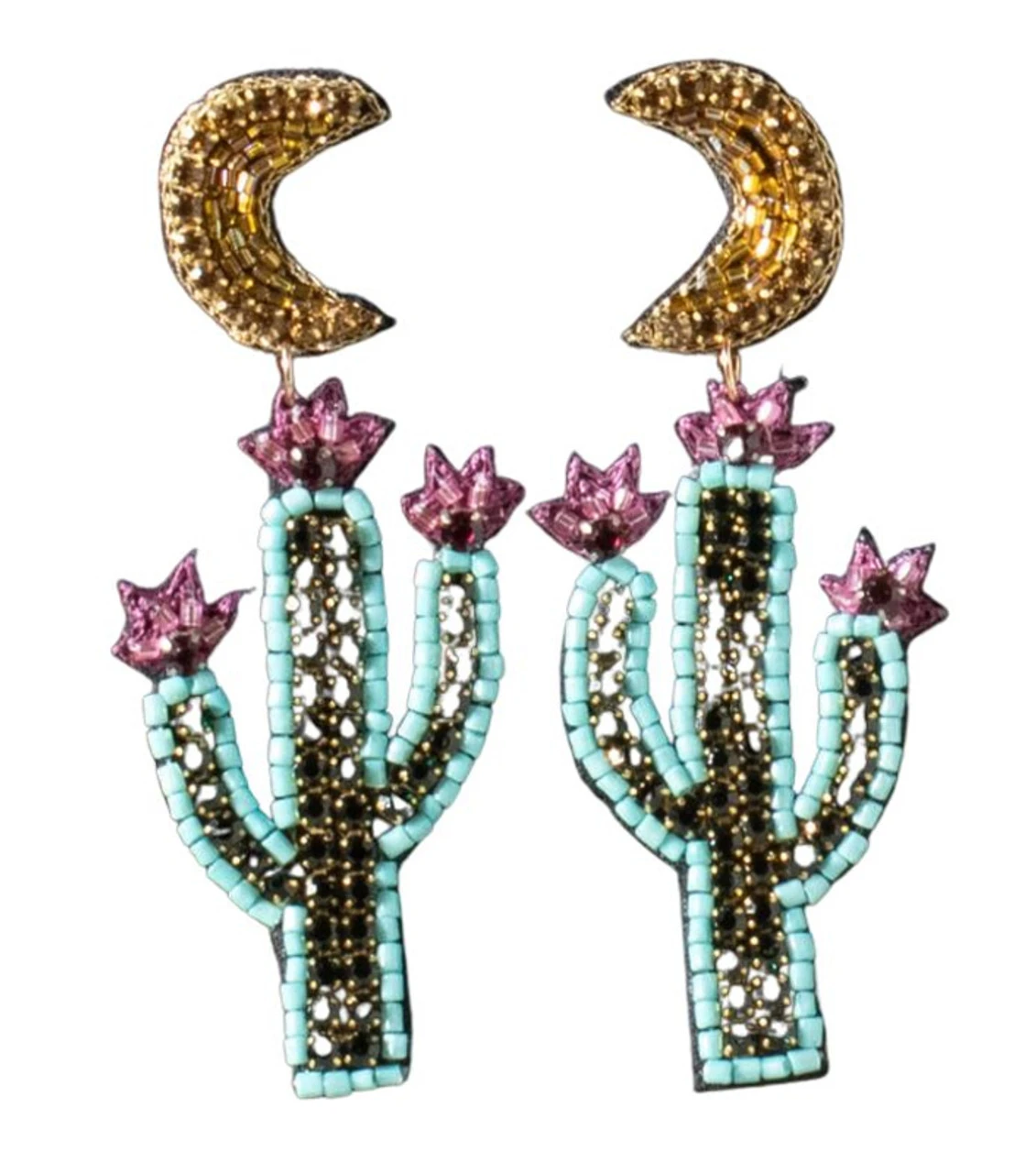 Silver Strike Ladies Green Beaded Moon And Cactus Earrings 1 Silver Strike Ladies Green Beaded Moon And Cactus Earrings