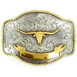 M&F - Rectangular Antique Longhorn Belt Buckle - Silver
