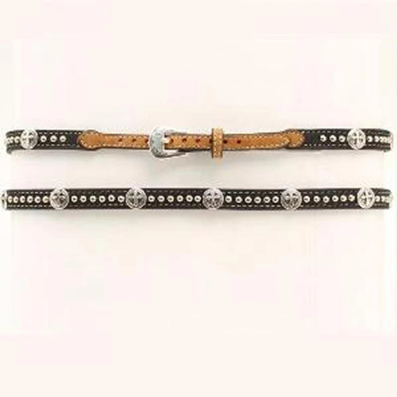 M&F - Leather Hatband With Silver Cross Conchos - Black Brown 1 M&F - Leather Hatband With Silver Cross Conchos - Black Brown