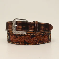M&F Mens Genuine Leather Belt W/Floral Overlay