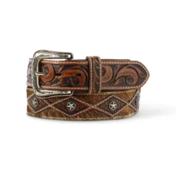 Ariat Men's Belt With Brown Floral Tooled Design