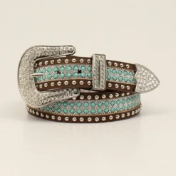 Angel Ranch Brown Ladies Belt With Turquoise And Clear Stones